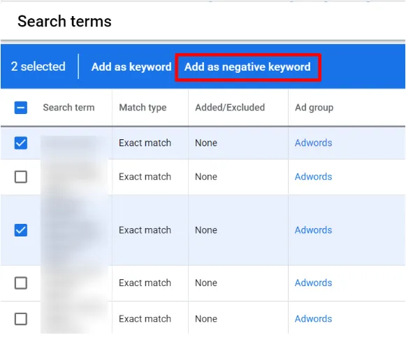Negative keyword list in Google Ads