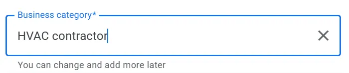 Google Business Profile category field with “HVAC contractor” entered