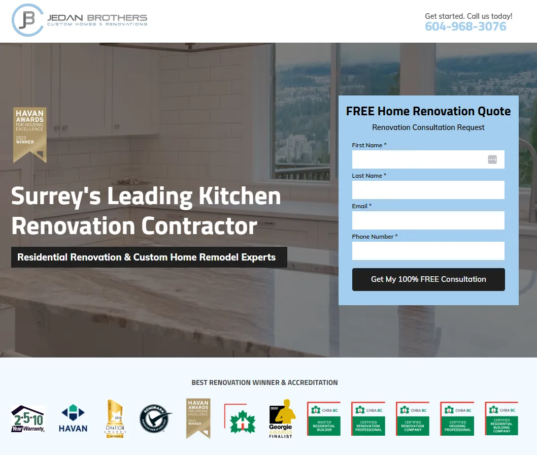 Example of a contractor PPC landing page