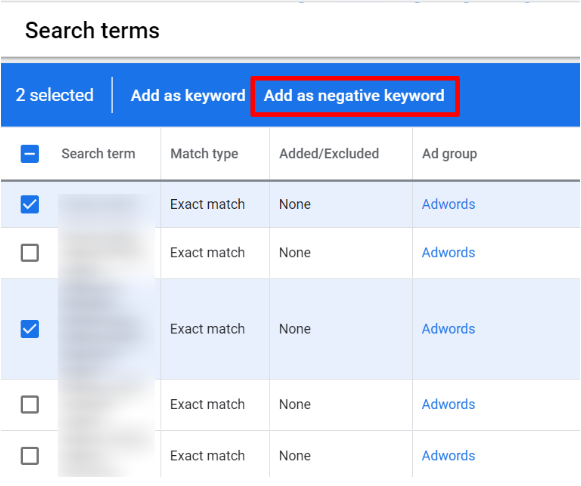 Google Adwords negative keywords