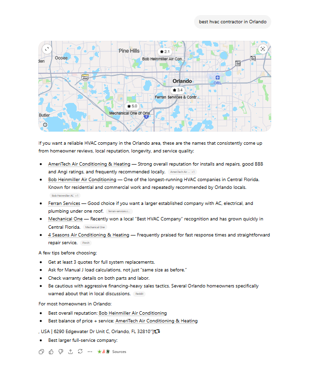 Chat GPT search for best hvac contractor in Orlando